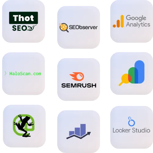 Logos des outils SEO utilisés par l’agence web NelCielo : Semrush, SEObserver, Thot SEO, Google Analytics, Looker Studio