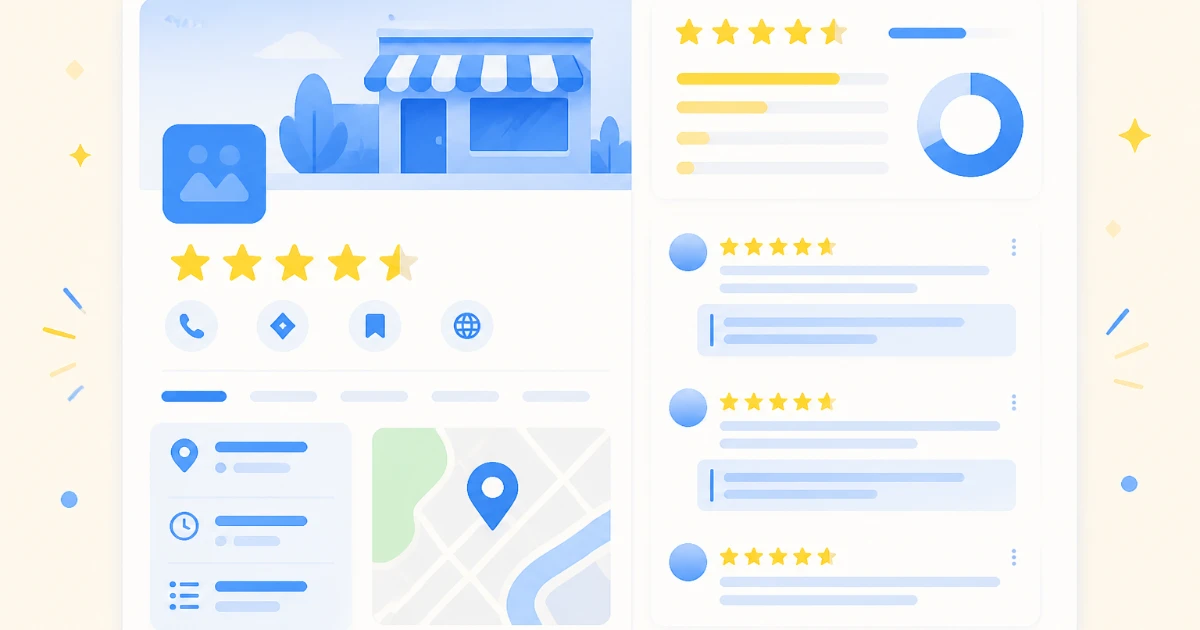Illustration d’une fiche d’établissement Google avec sa note en étoiles et ses avis clients