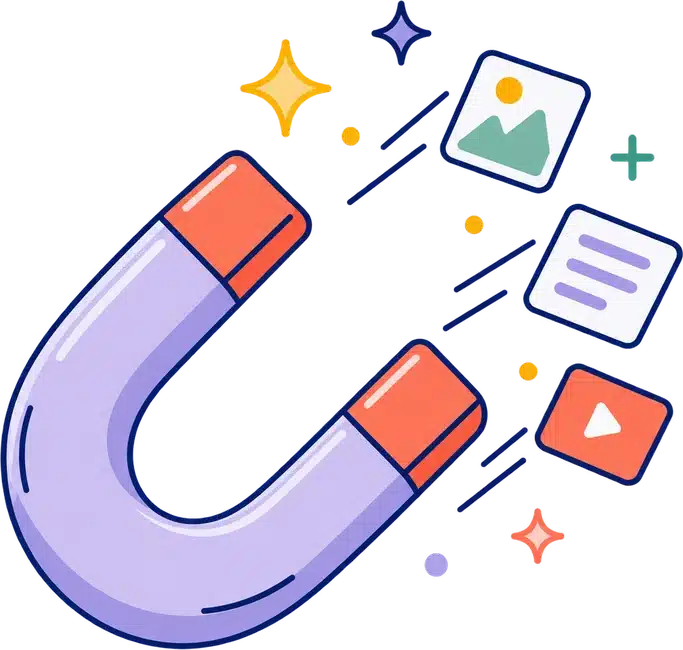 Aimant qui attire articles, images et vidéos, image des contenus qui captent des prospects qualifiés