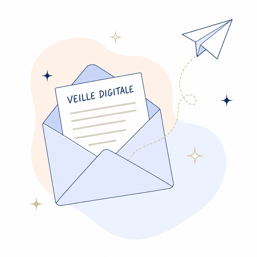 Une enveloppe ouverte d’où sort la veille digitale, et un avion en papier