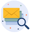 Pictogramme des newsletters : enveloppes empilées et loupe